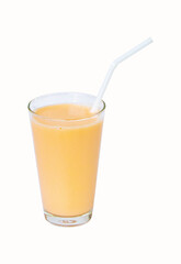 Lactic fermentation beverage light orange sour taste in glass tall with straw. Fermented milk vitamin low cholesterol Isolated on white background. Lactobacillus acidophilus improves condition stomach