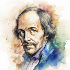 A watercolor painting of Willian Shakespeare isolated on a white background Generative Ai