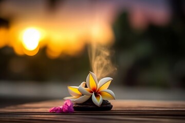 Obraz na płótnie Canvas incense with frangipani flower on the wooden table AI Generative