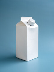 Mockup of a white milk or drinking water box, 1 liter with screw cap standing isolated on blue background, vertical style. Clean empty milk container packaging with blank space on front and side view.