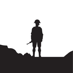 A silhouette of a soldier standing on a hill with a white background.