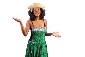 portrait, Black Brazilian woman in festa junina clothes. Saint John's festival. Open arms. Welcome.