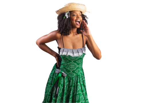 portrait, Black Brazilian woman in festa junina clothes. Saint John's festival. shouting, announcing loudly.