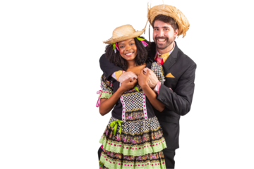 portrait, Brazilian couple in festa junina clothes. Saint John's festival. embraced.