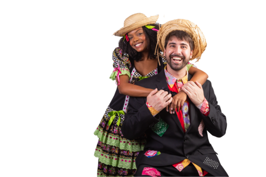portrait, Brazilian couple in festa junina clothes. Saint John's festival. embraced.