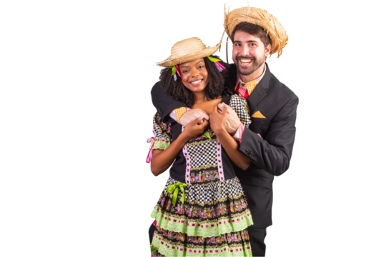 portrait, Brazilian couple in festa junina clothes. Saint John's festival. embraced.