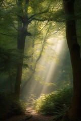 A path through a forest with sunlight streaming through the trees Generative Ai