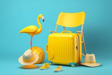 sunglasses suitcase summer blue space vacation flamingo travel yellow concept copy background. Generative AI.