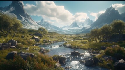 Obraz premium A Beautiful Green Mountain Stream Landscape Wallpaper Generative AI