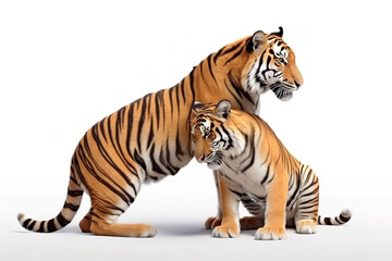 Fototapeta na wymiar Image of tiger mother and baby tiger on a white background. Wild animal. illustration, generative AI.