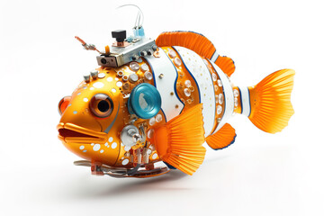 Image of a clown fish modified into a electronics robot on a white background. Sea animals. illustration, generative AI.