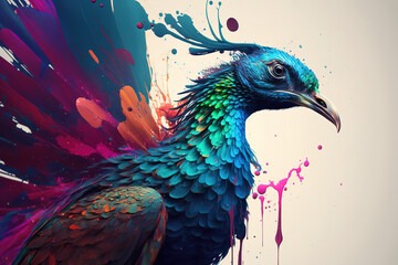 Image of a peacock beautiful bright colors on a white background. Birds. Animals. Illustration, generative AI.