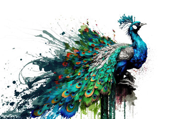 Image of a peacock beautiful bright colors on a white background. Birds. Animals. Illustration, generative AI.