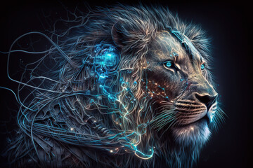 Image of a lion head with beautiful bright colors on a dark background. Wildlife Animals. Illustration, generative AI.