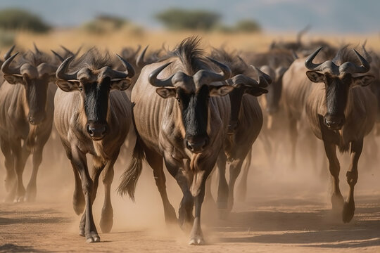 Image of flock wildebeest in a dry meadow on natural background. Wild Animals. illustration. Generative AI.
