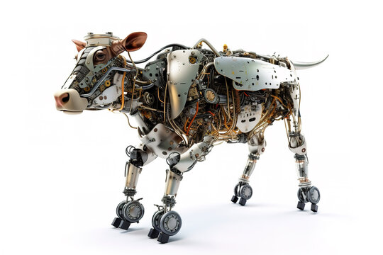 Image of a cow modified into a electronics robot on a white background. Farm animals. Illustration, Generative AI.