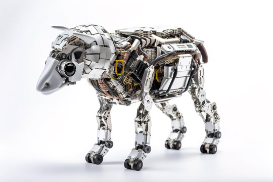 Image of a sheep modified into a robot on a white background. Wild animal. Illustration, Generative AI.