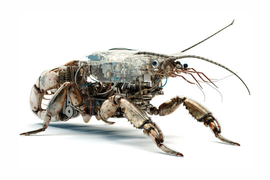 Image of a shrimp modified into a robot on a white background. Underwater animals. Illustration, Generative AI.
