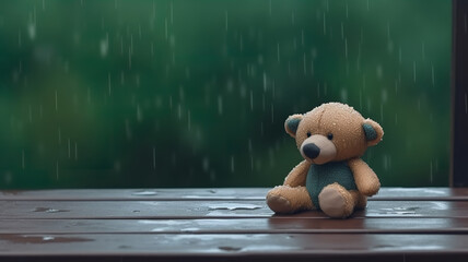 Front view of a lost teddy bear toy on bench on the park under the rain. Empty space banner size	