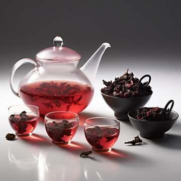 Tea set with tea leaves and brewed tea, on white table