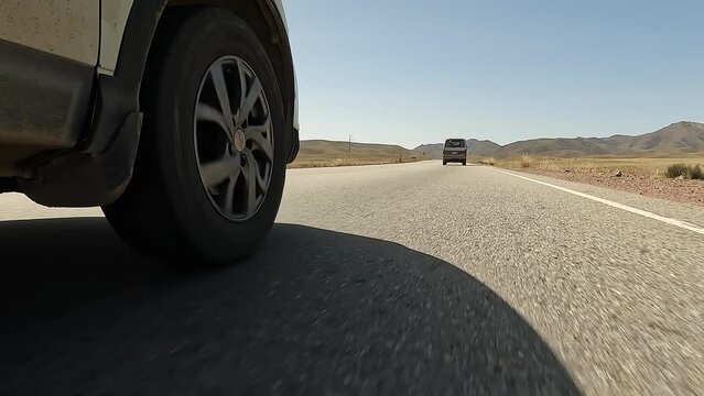 The transition from the rear right wheel of the car to the front. View of the right front wheel of an SUV car, the road and a moving minivan in front. Close-up. Traveling by car in Kyrgyzstan. 