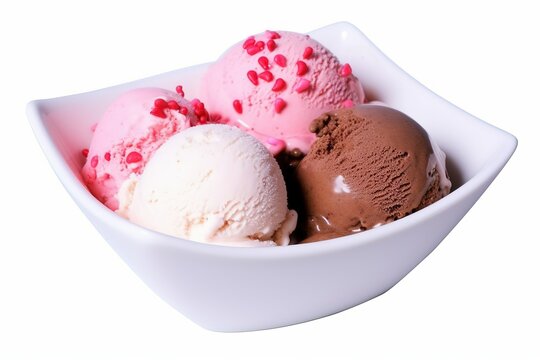 strawberry ice cream, photo of ice cream in three flavors strawberry, vanilla and chocolate in a white porcelain bowl isolated on a white background