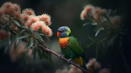 Portrait beautiful macaw eating fruit on branch AI Generative
