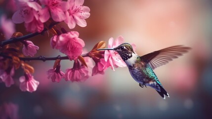 Naklejka premium Portrait hummingbird flying beside flower AI Generative