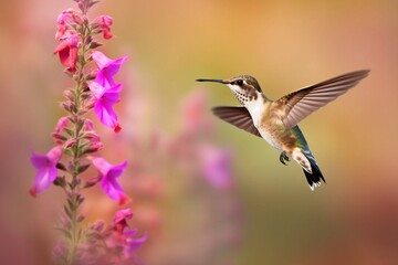 Obraz na płótnie Canvas Portrait hummingbird flying beside flower AI Generative