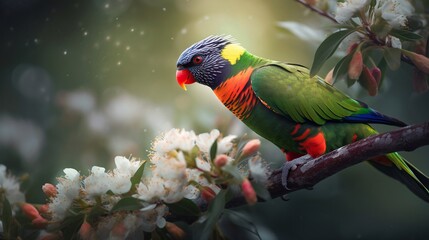 Portrait beautiful macaw eating fruit on branch AI Generative
