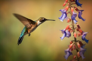 Fototapeta premium Portrait hummingbird flying beside flower AI Generative