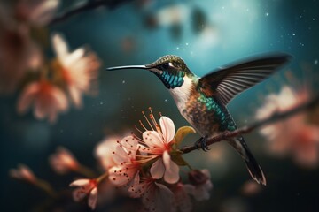 Naklejka premium Portrait hummingbird flying beside flower AI Generative