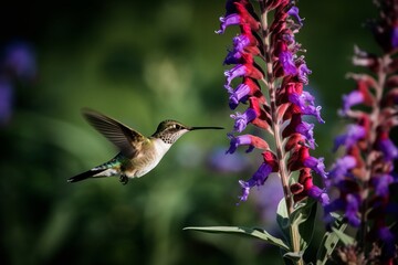 Fototapeta premium Portrait hummingbird flying beside flower AI Generative