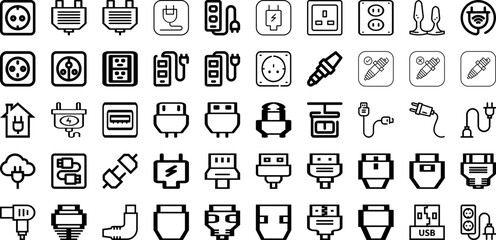 Set Of Plug Icons Collection Isolated Silhouette Solid Icons Including Energy, Power, Cable, Electricity, Plug, Technology, Electric Infographic Elements Logo Vector Illustration