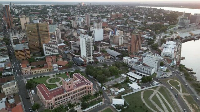 Aerial Drone Fly Above Presidential Palace in Asuncion Bay Paraguay Cityscape Panorama of South American Neighborhood