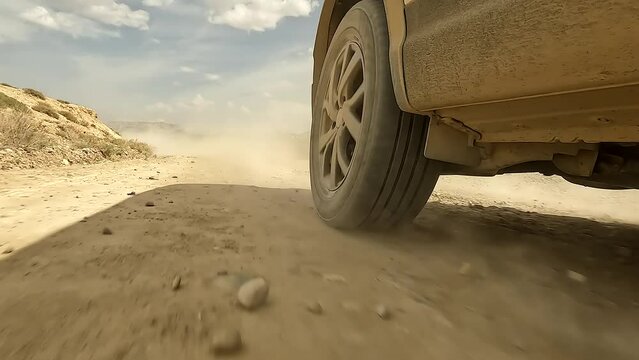 An exciting road adventure. View of the wheels of a dirty SUV car in motion, creating dust. Close-up of a car driving on a dirt rocky road. Traveling by car in Kyrgyzstan.