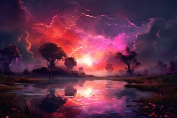 Fototapeta na wymiar Digital art beautiful night sky over the lake AI Generative