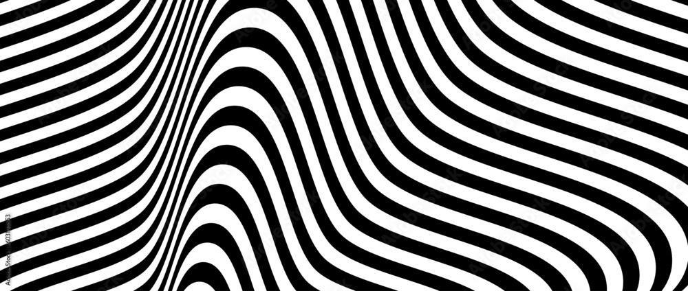 Aufkleber optical illusion background. black and white abstract spinning distorted lines surface. poster desig