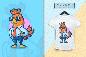 A chicken wearing a uniform like an office worker and a businessman in flat cartoon character design, vector mascot animal nature icon concept isolated premium illustration for logo, sticker, t-shirt.