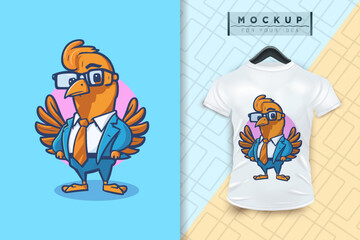 A chicken wearing a uniform like an office worker and a businessman in flat cartoon character design, vector mascot animal nature icon concept isolated premium illustration for logo, sticker, t-shirt.