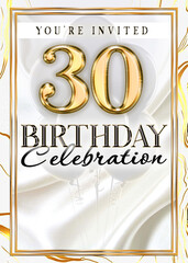30th White and Gold Birthday Celebration Invitation Template Design
