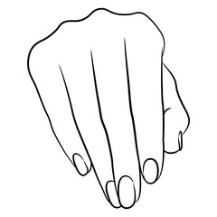 Front view of a female hand. Black and white linear silhouette.