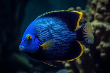 Portrait blue tank fish in the aquarium AI Generative