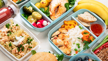 Restaurant healthy food delivery in take away boxes for daily nutrition on white background.