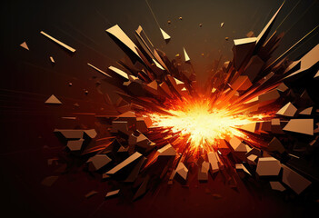 Explosion of geometric shapes with flakes on dark background