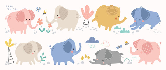 Set of cute elephants vector. Adorable wild life elephant in different poses, happy, sitting, butterfly, flower, tree. Happy wild animals illustration design for education, kids, poster, stickers.