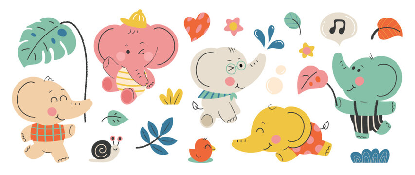 Set of cute elephants vector. Adorable wild life elephant in different poses, happy, sitting, chick, snail, flower. Happy wild animals illustration design for education, kids, poster, stickers.