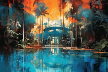 Obraz na płótnie Canvas Vivid artistic painting capturing the essence of a tropical paradise in shades of orange and blue. Exquisite blend of colors depicting a captivating and vibrant landscape. Generative AI.