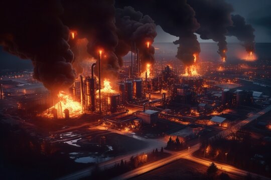 A gripping view from the sky at night, showing an oil factory engulfed in a raging fire and billowing smoke. The intense blaze illuminates the darkness, creating a scene of destruction Generative AI