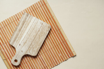 wooden chopping board on table with copy space 